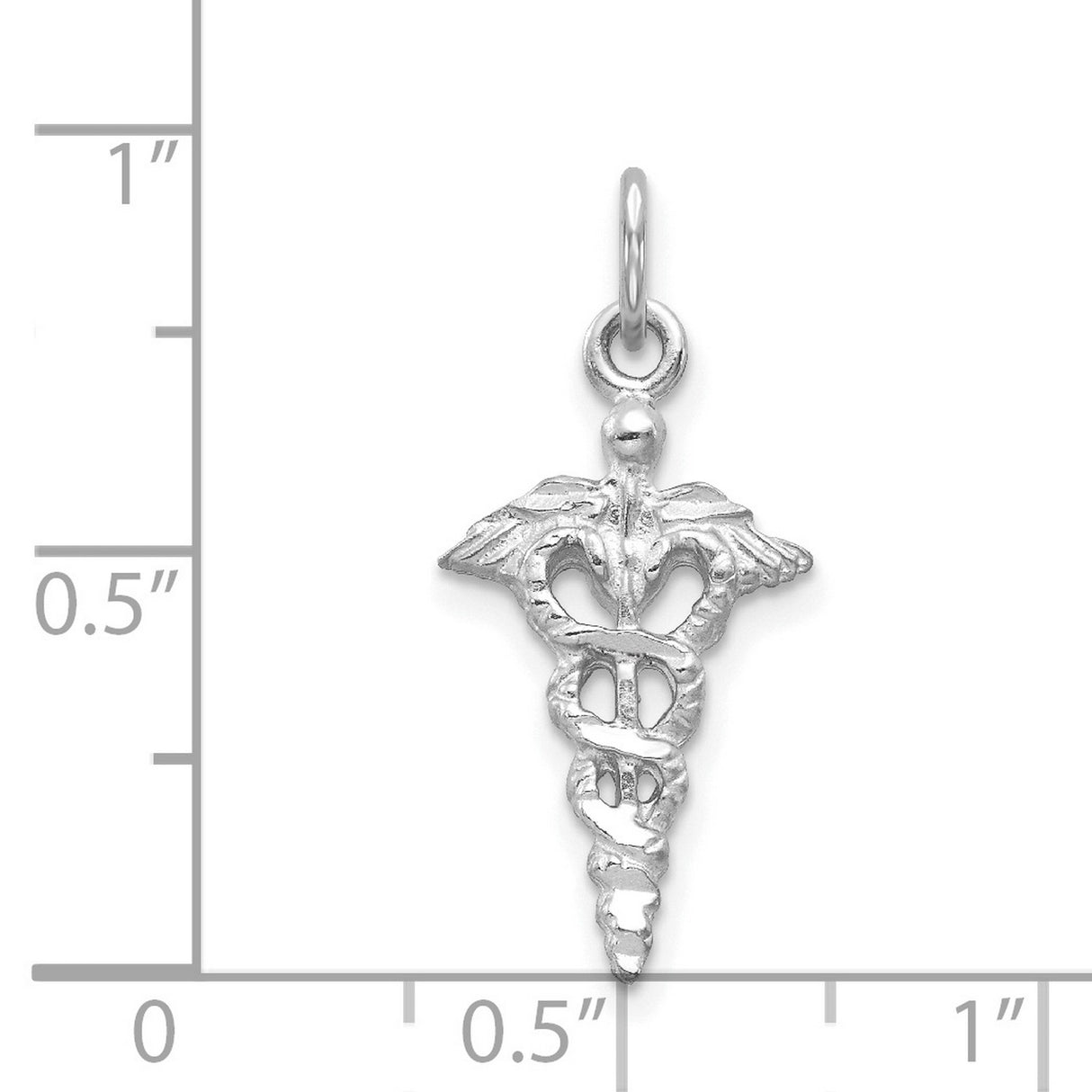 14k White Gold Caduceus Pendant with Winged Staff and Two Snakes, Medical Symbol Charm