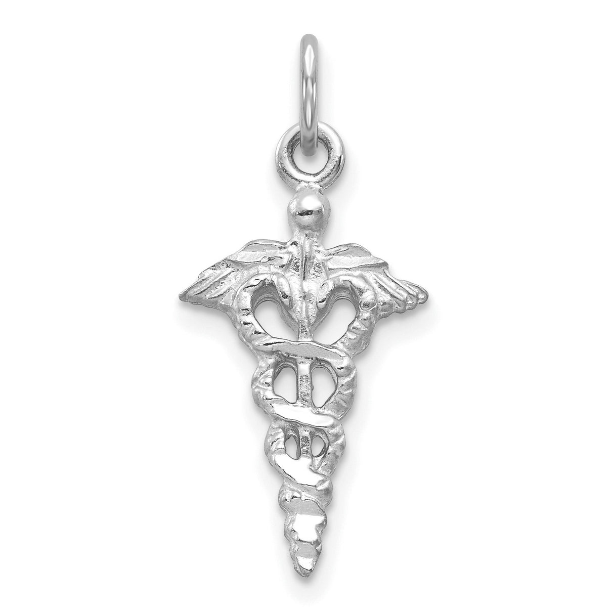 14k White Gold Caduceus Pendant with Winged Staff and Two Snakes, Medical Symbol Charm