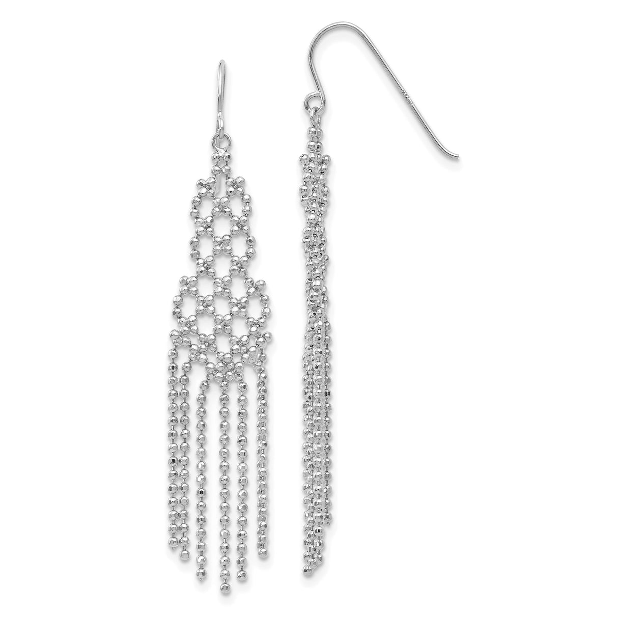14k White Gold Chandelier Earrings with Lattice Design and Beaded Tassels