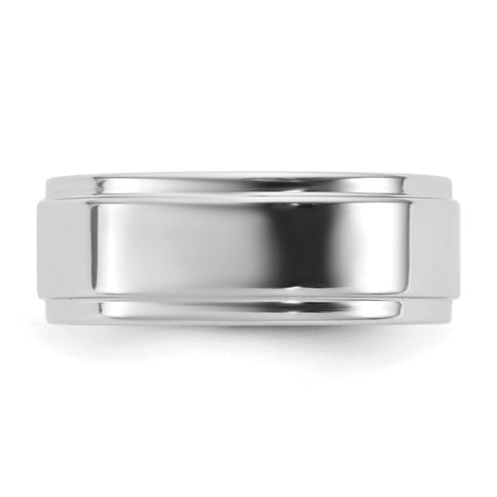 14K White Gold Flat Step Down Edge Wedding Band, 7mm Width