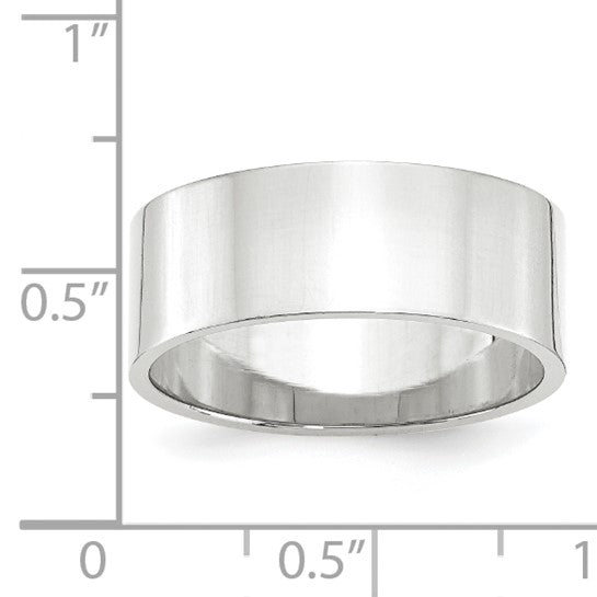 14K White Gold Flat Wedding Band, Lightweight 8 mm, Polished Solid Ring