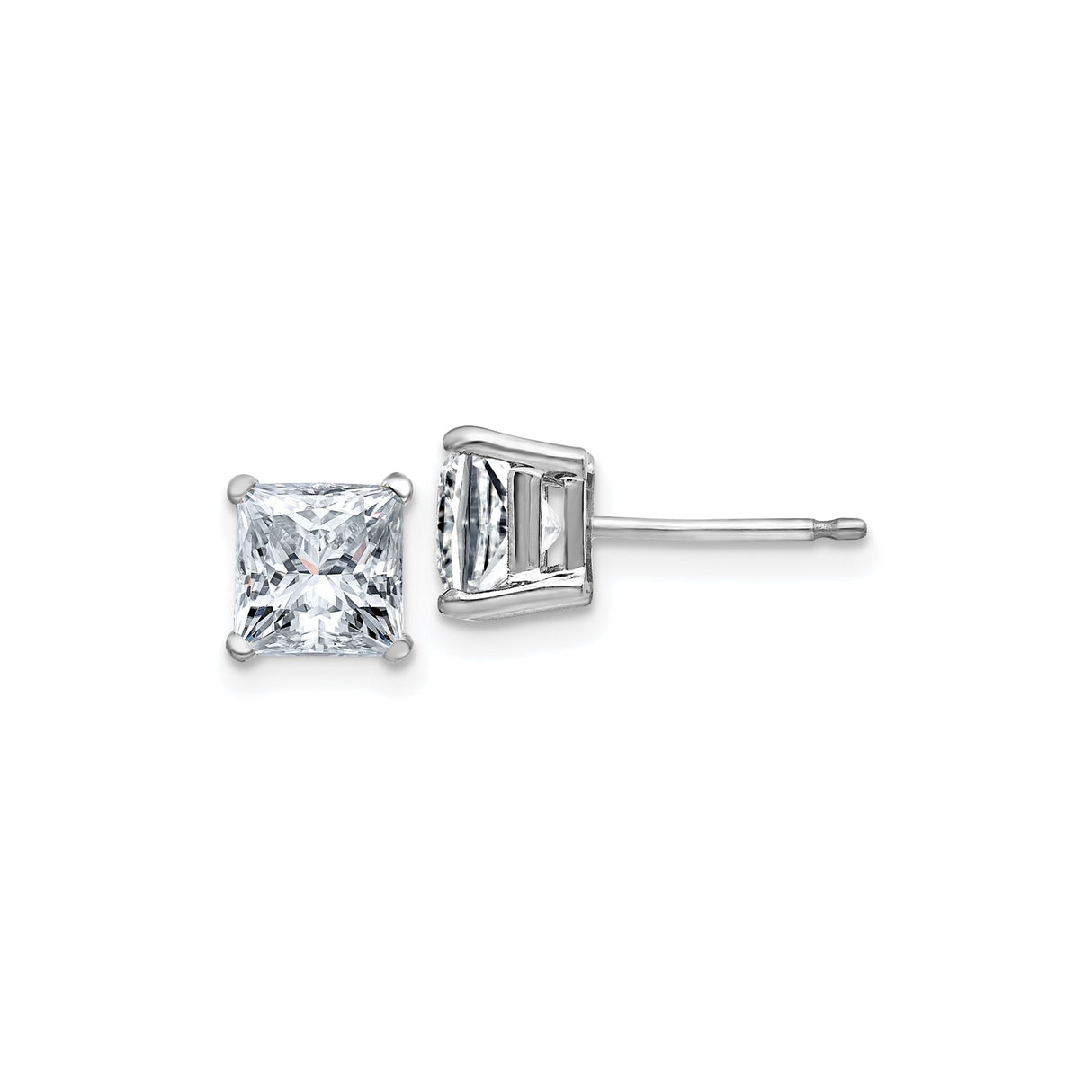 14k White Gold Moissanite Stud Earrings, Princess Cut, Four Prong Setting, Minimalist Design