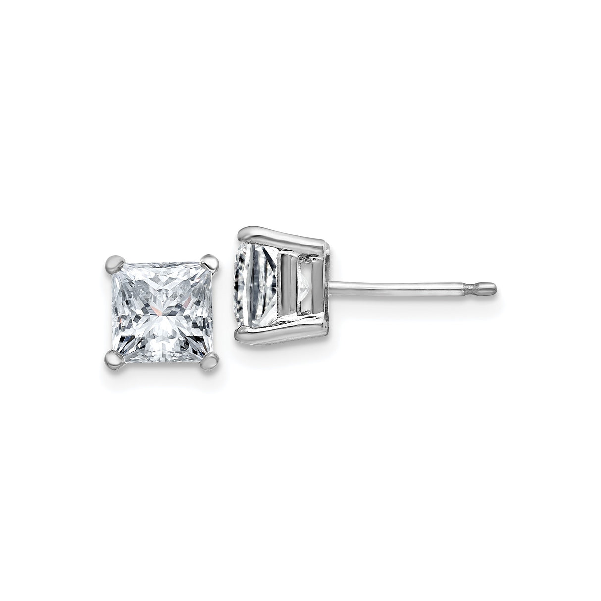 14k White Gold Stud Earrings with Moissanite, Princess Cut, Four-Prong Setting