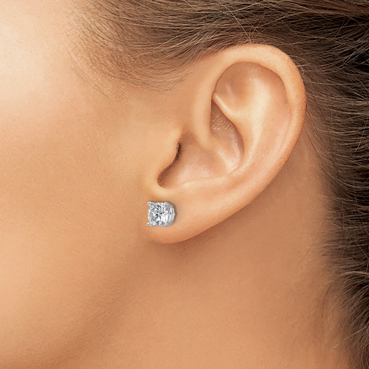 14k White Gold Cushion Cut Moissanite Stud Earrings, Four Prong Setting, Minimalist Classic Style