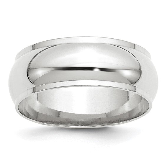 14K White Gold Edged Domed Wedding Band 8mm Wide Fancy Solid Unisex Ring