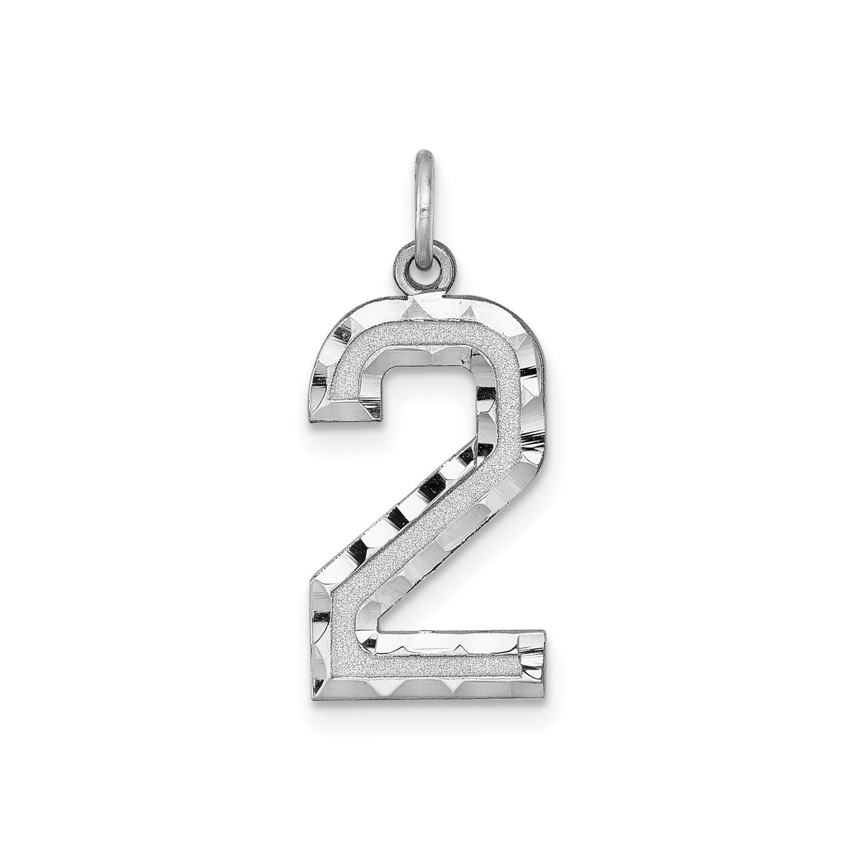 14k White Gold Number Two Charm Pendant, Polished and Textured Numeric Jewelry