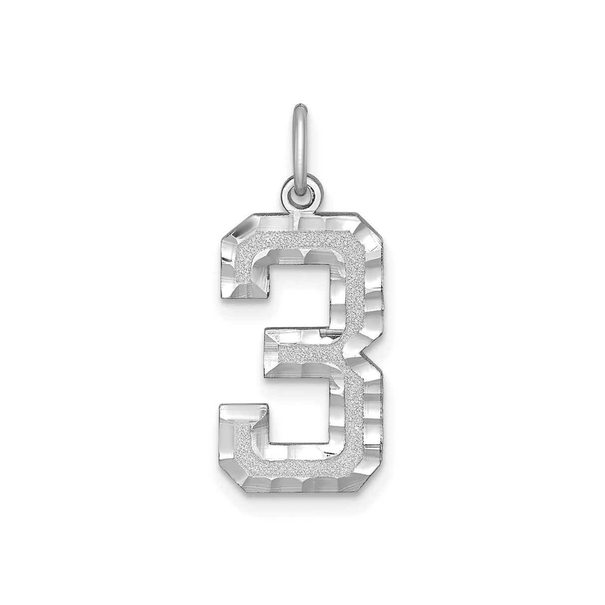 14k White Gold Number 3 Pendant with Polished Finish and Textured Design