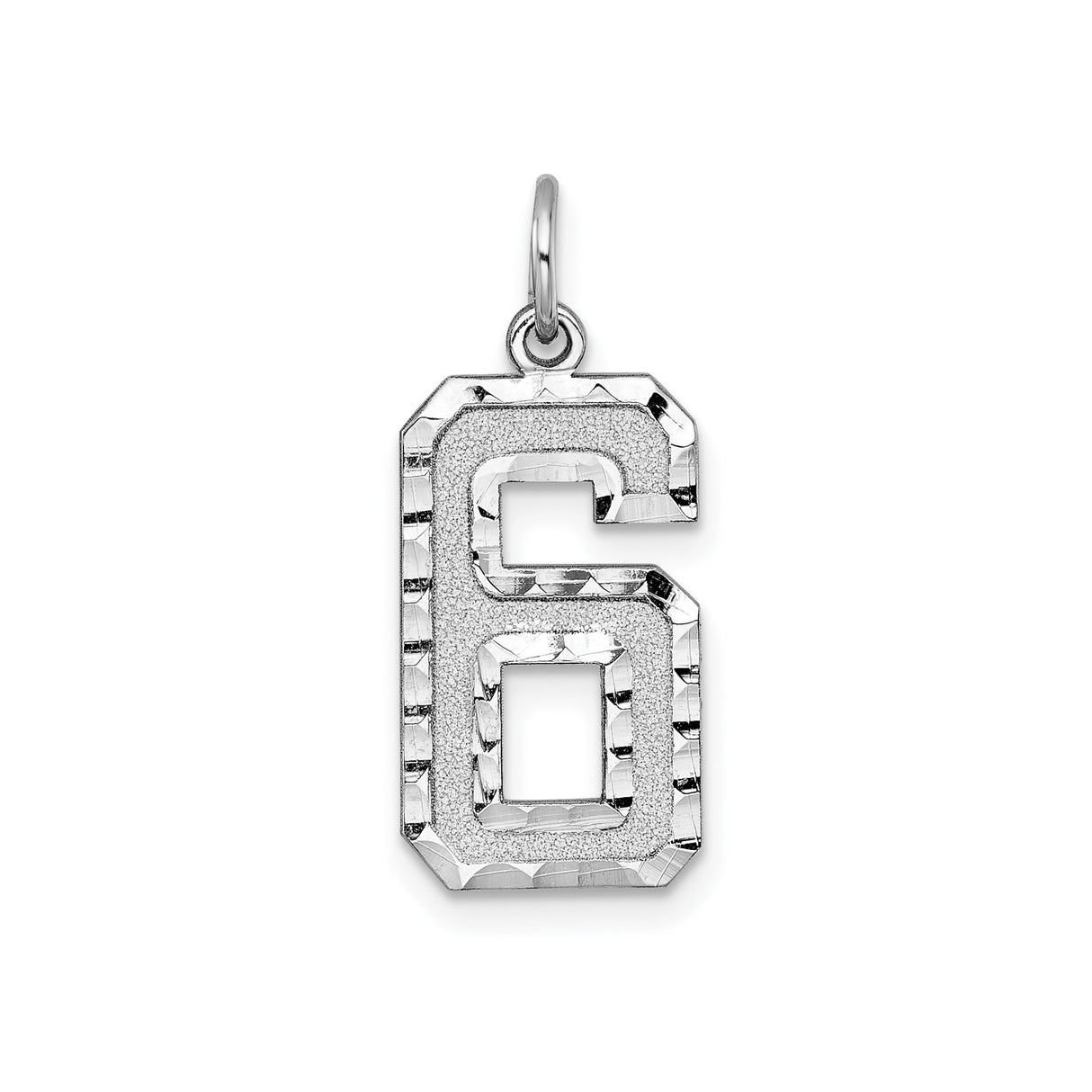 14k White Gold Number 6 Pendant Charm with Diamond-Cut Edges and Textured Surface