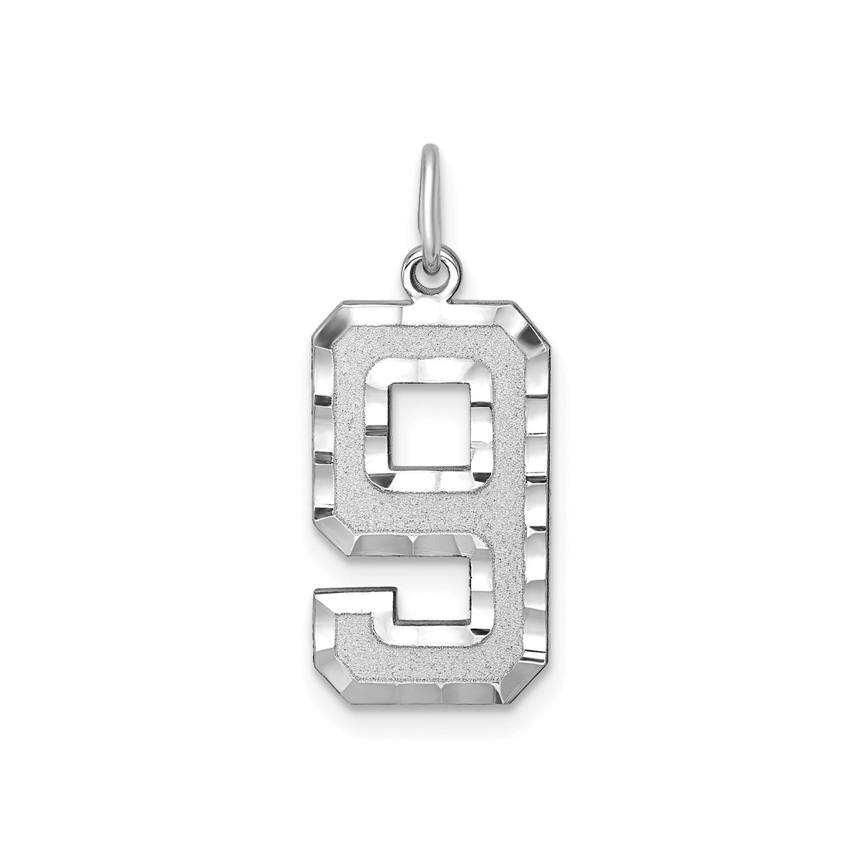 14k White Gold Number 9 Pendant Charm, Bold Block Design with Textured and Polished Finish