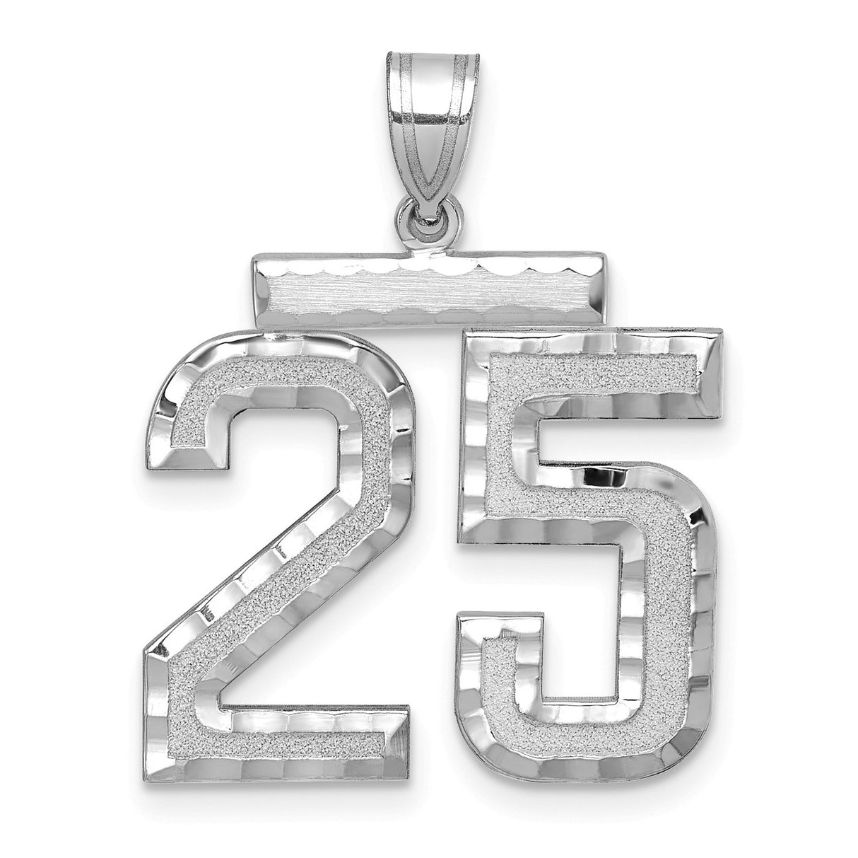 Large Brushed Diamond-cut Number 25 Charm Pendant in Real 14k White Gold