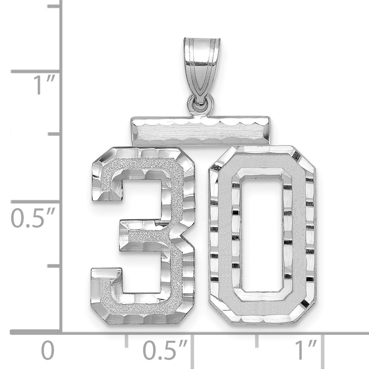 Large Brushed Diamond-cut Number 30 Charm Pendant in Real 14k White Gold