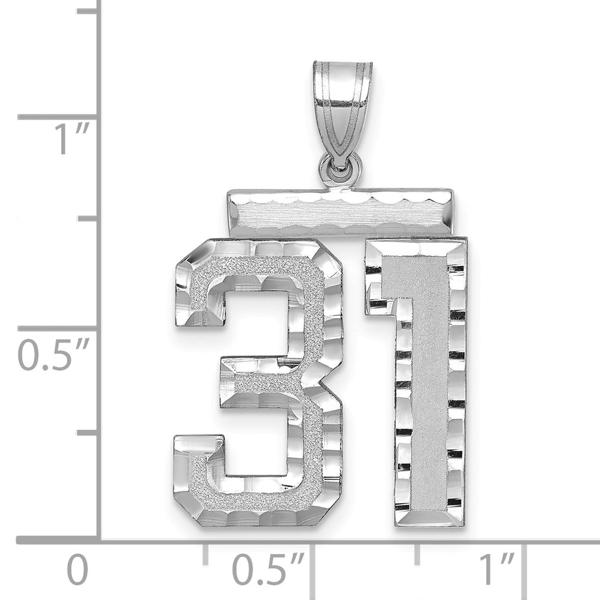 Large Brushed Diamond-cut Number 31 Charm Pendant in Real 14k White Gold