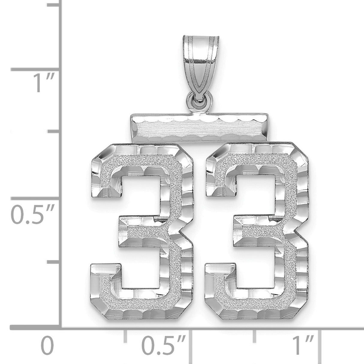 Large Brushed Diamond-cut Number 33 Charm Pendant in Real 14k White Gold