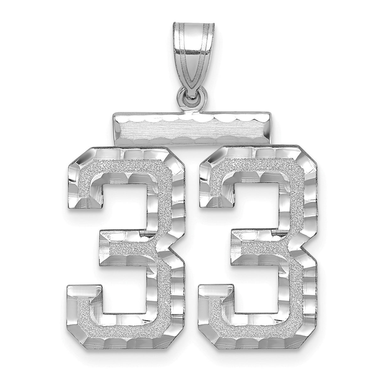 Large Brushed Diamond-cut Number 33 Charm Pendant in Real 14k White Gold