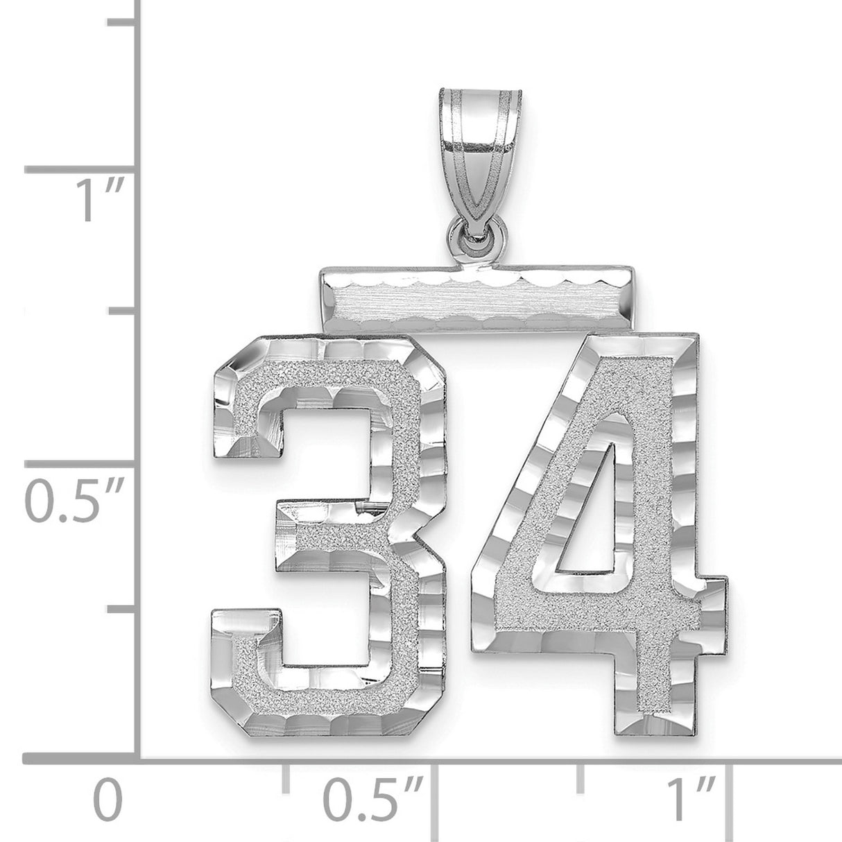 Large Brushed Diamond-cut Number 34 Charm Pendant in Real 14k White Gold