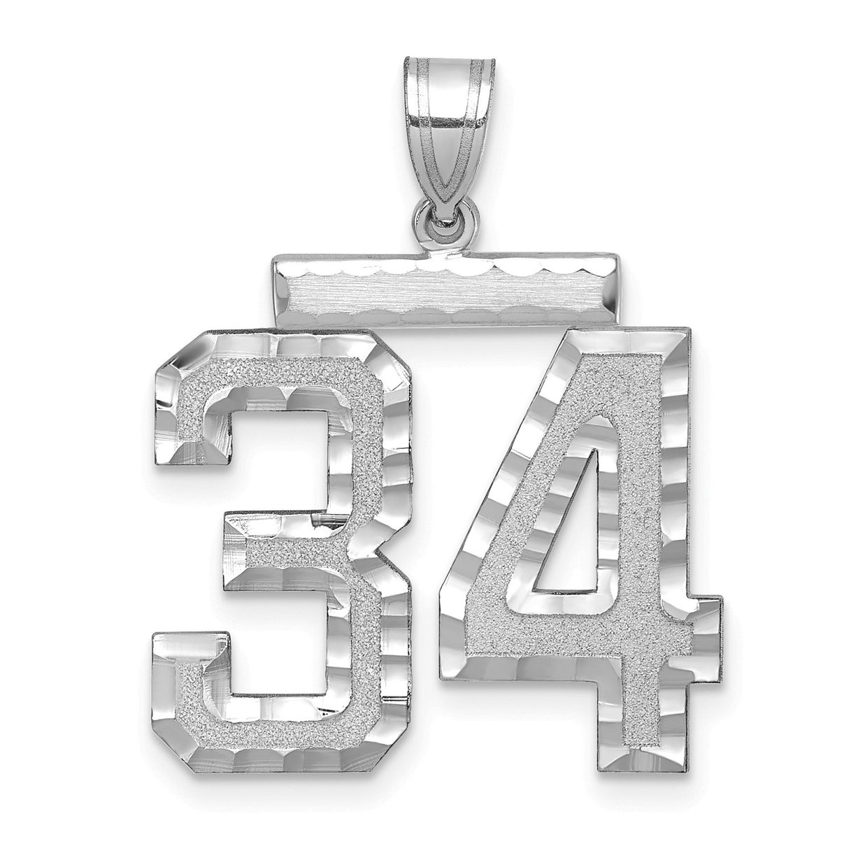 Large Brushed Diamond-cut Number 34 Charm Pendant in Real 14k White Gold