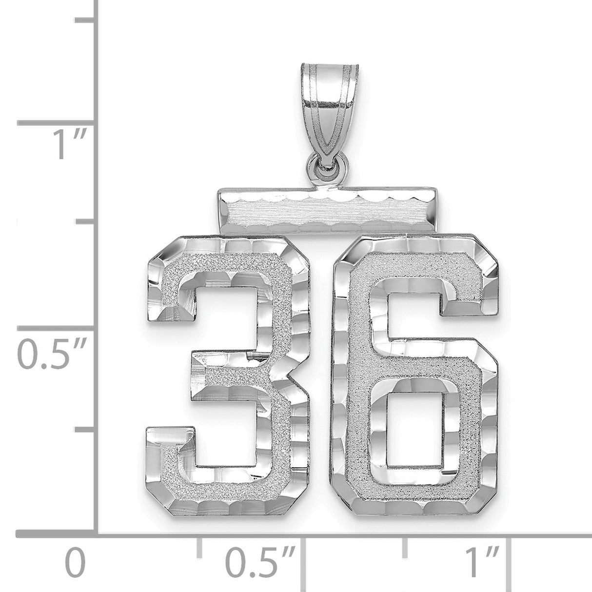 Large Brushed Diamond-cut Number 36 Charm Pendant in Real 14k White Gold