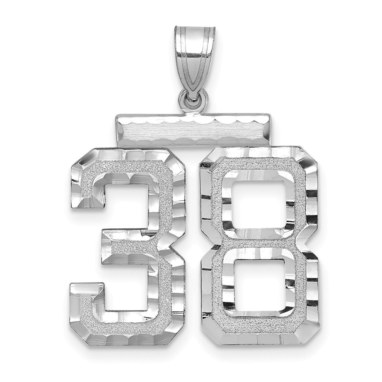 Large Brushed Diamond-cut Number 38 Charm Pendant in Real 14k White Gold