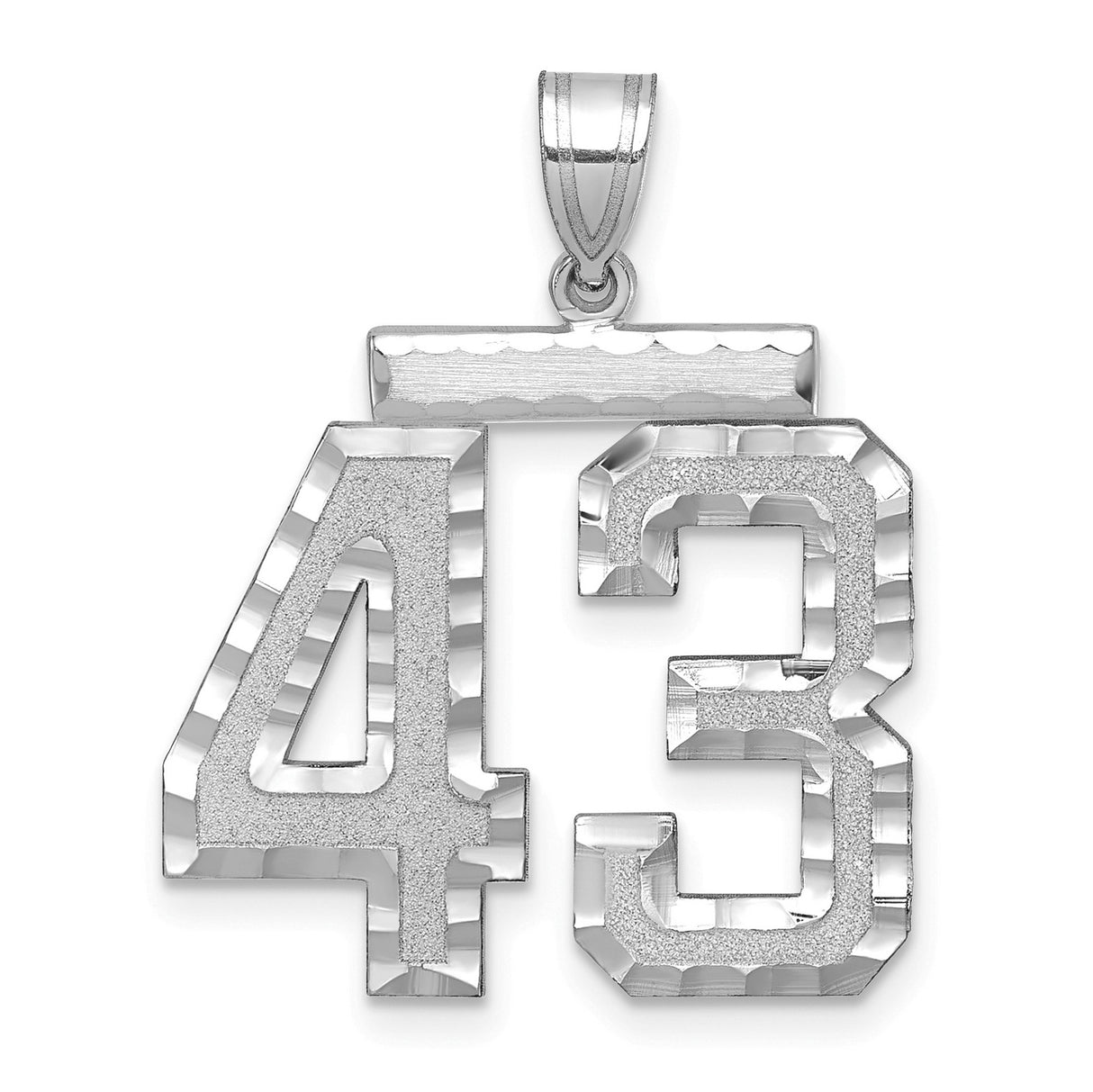 Large Brushed Diamond-cut Number 43 Charm Pendant in Real 14k White Gold