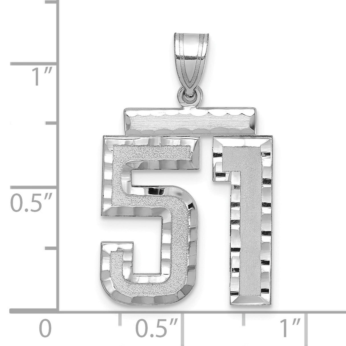 Large Brushed Diamond-cut Number 51 Charm Pendant in Real 14k White Gold