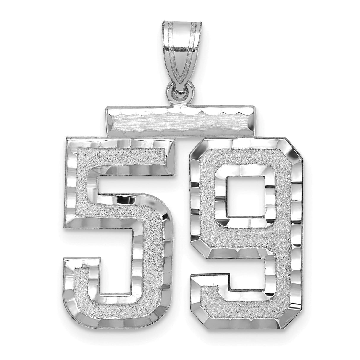 Large Brushed Diamond-cut Number 59 Charm Pendant in Real 14k White Gold