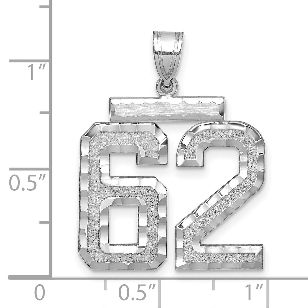 Large Brushed Diamond-cut Number 62 Charm Pendant in Real 14k White Gold