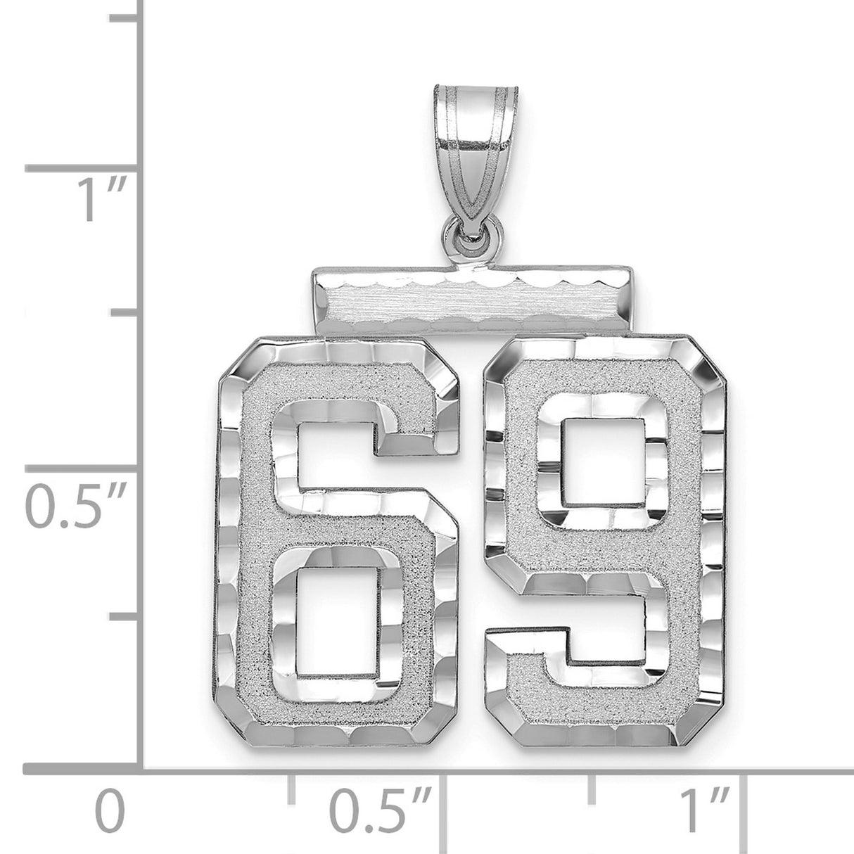 Large Brushed Diamond-cut Number 69 Charm Pendant in Real 14k White Gold