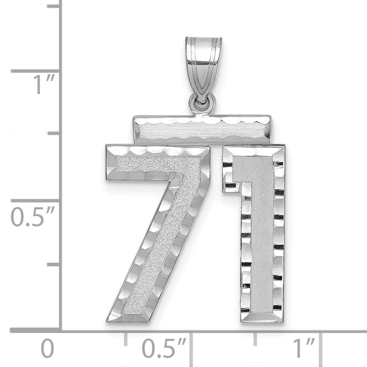 Large Brushed Diamond-cut Number 71 Charm Pendant in Real 14k White Gold