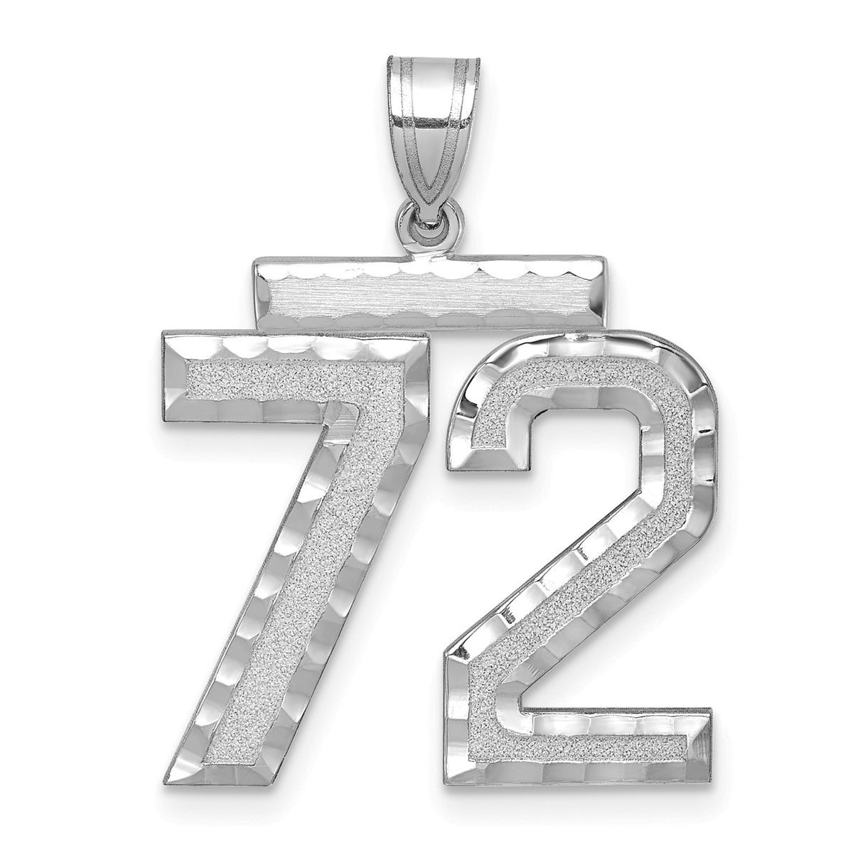 Large Brushed Diamond-cut Number 72 Charm Pendant in Real 14k White Gold