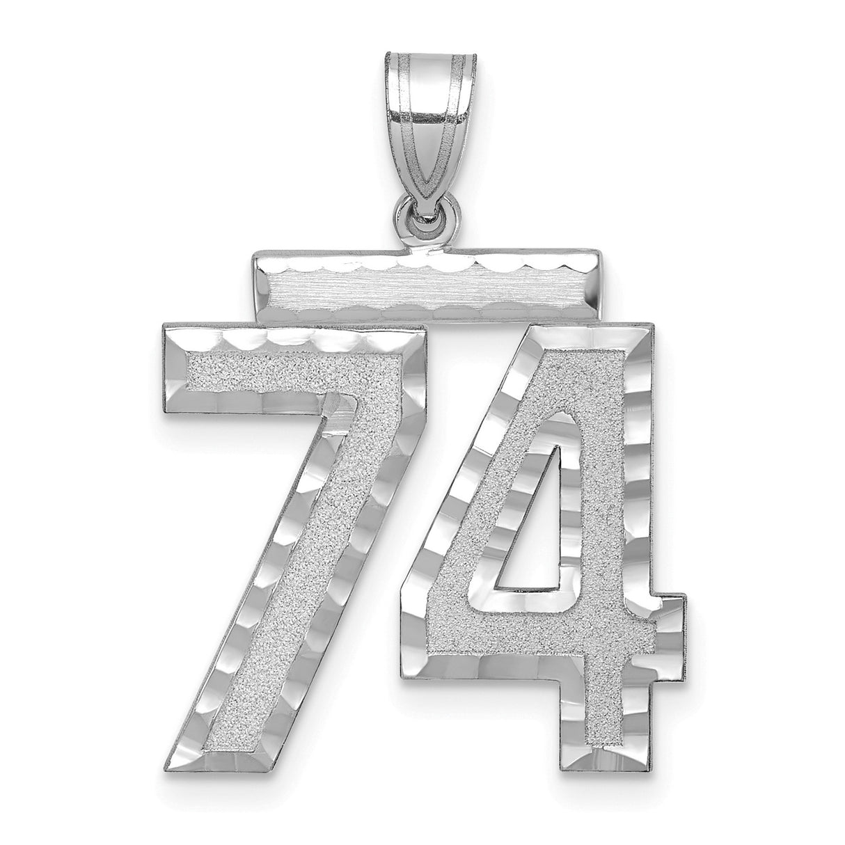 Large Brushed Diamond-cut Number 74 Charm Pendant in Real 14k White Gold