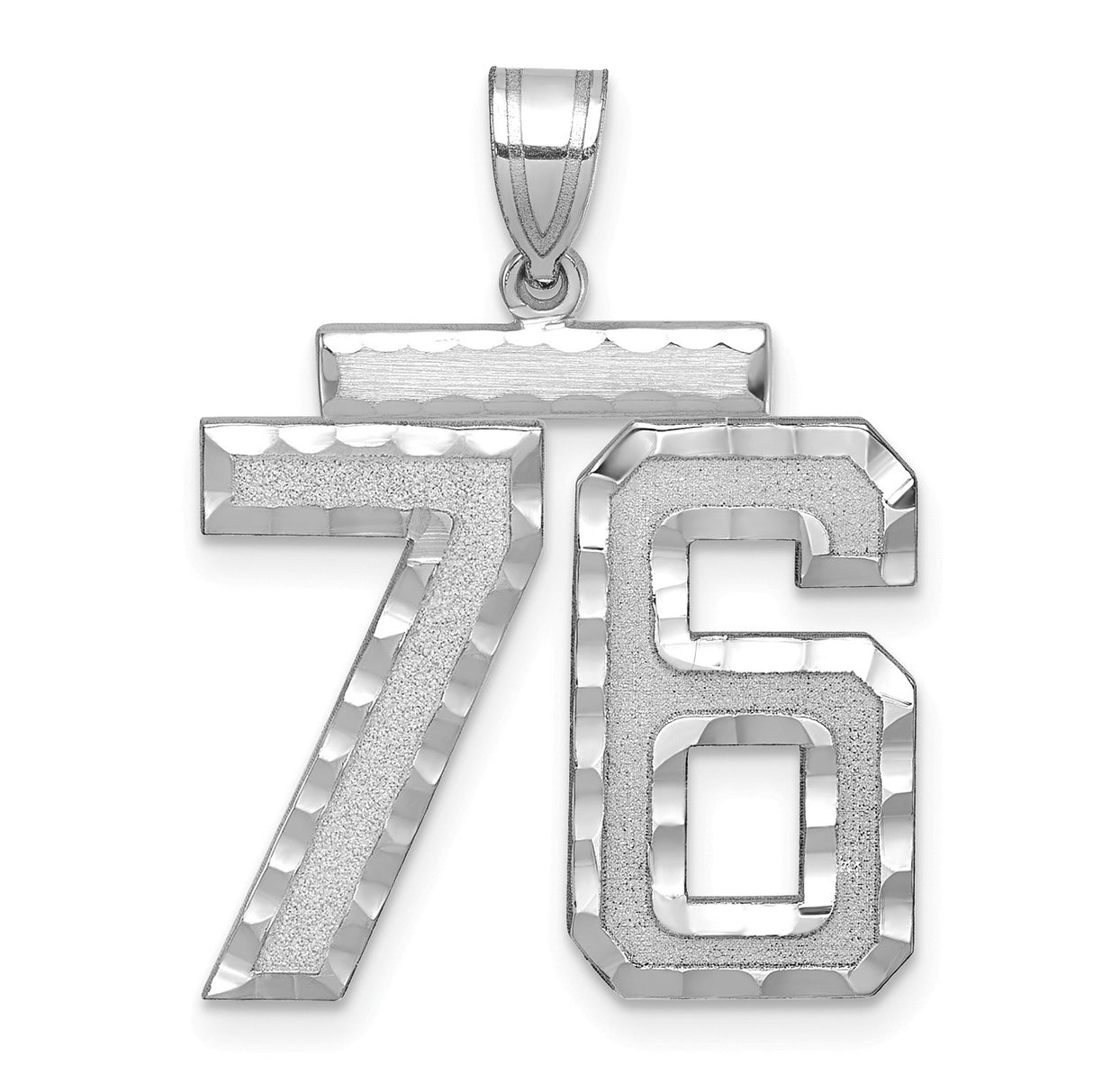Large Brushed Diamond-cut Number 76 Charm Pendant in Real 14k White Gold
