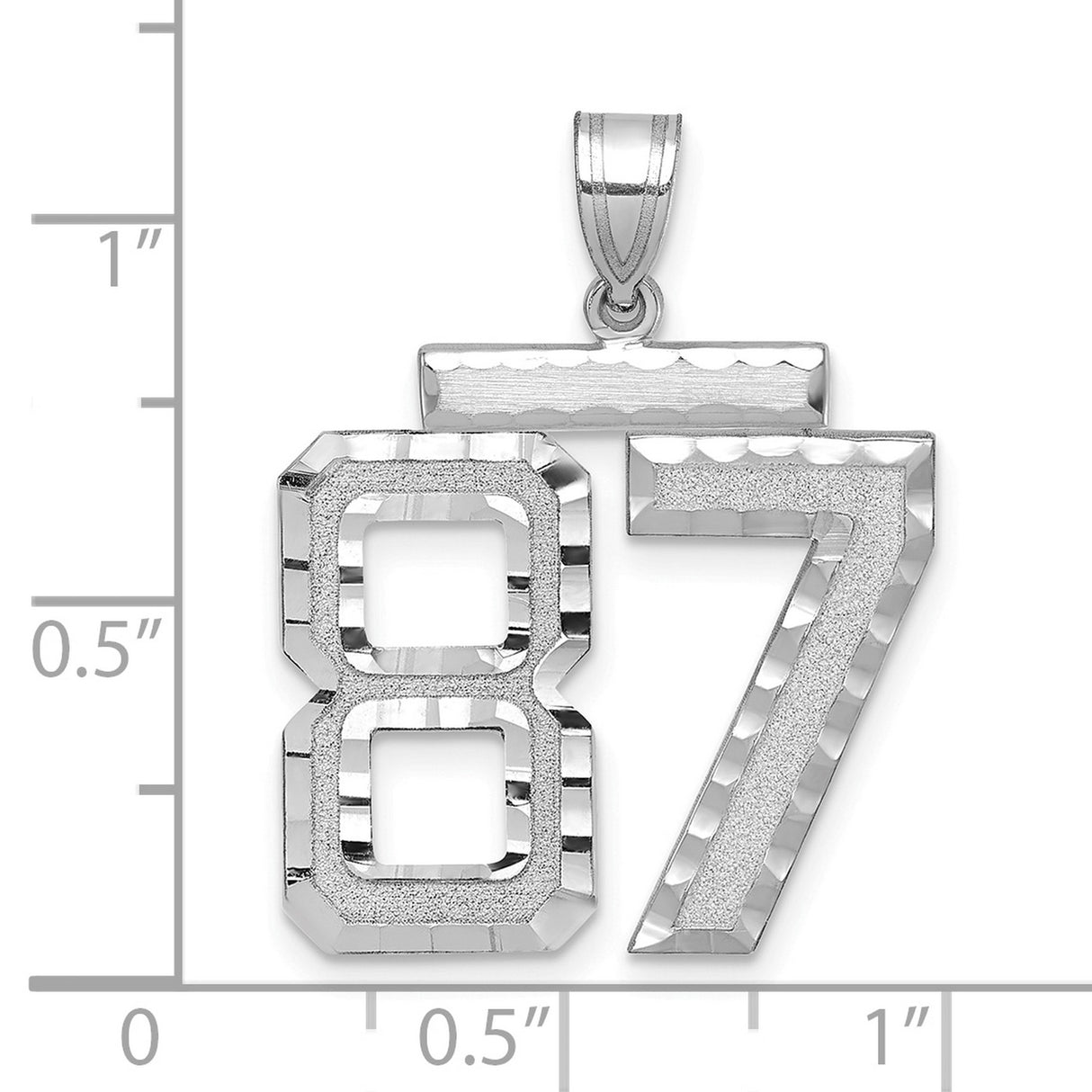 Large Brushed Diamond-cut Number 87 Charm Pendant in Real 14k White Gold