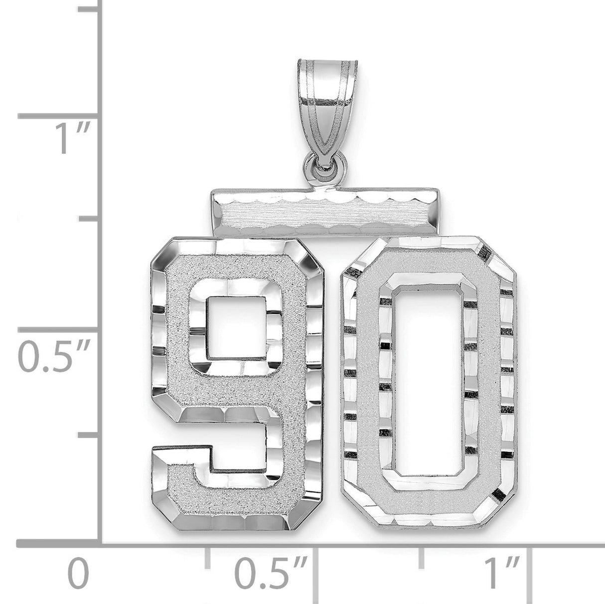Large Brushed Diamond-cut Number 90 Charm Pendant in Real 14k White Gold