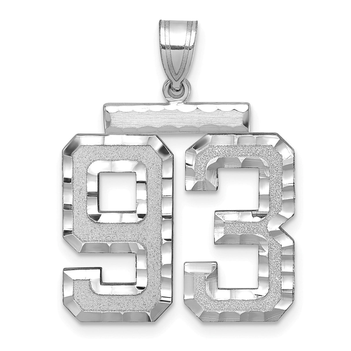 Large Brushed Diamond-cut Number 93 Charm Pendant in Real 14k White Gold