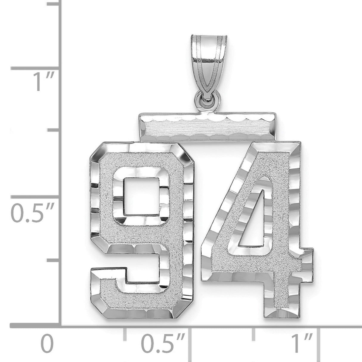 Large Brushed Diamond-cut Number 94 Charm Pendant in Real 14k White Gold