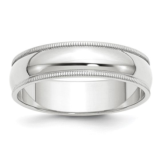 14K White Gold Half-Round Milgrain Wedding Band Solid 6mm