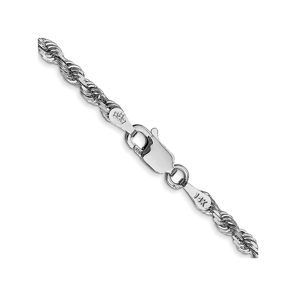 14K White Gold 3 mm Rope Chain Necklace, Polished alternate angle