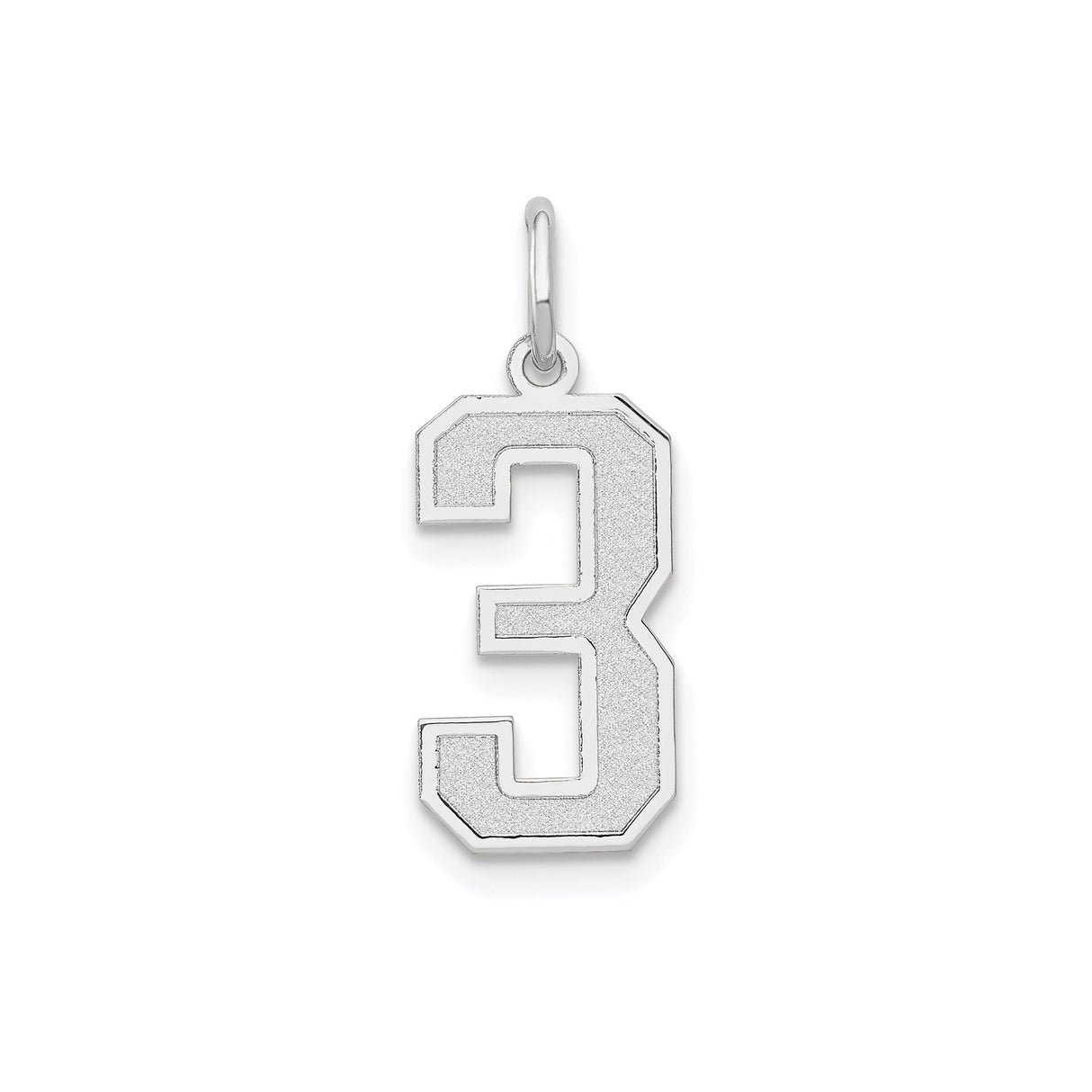 14k White Gold Number 3 Pendant Charm with Textured Finish and Polished Edges