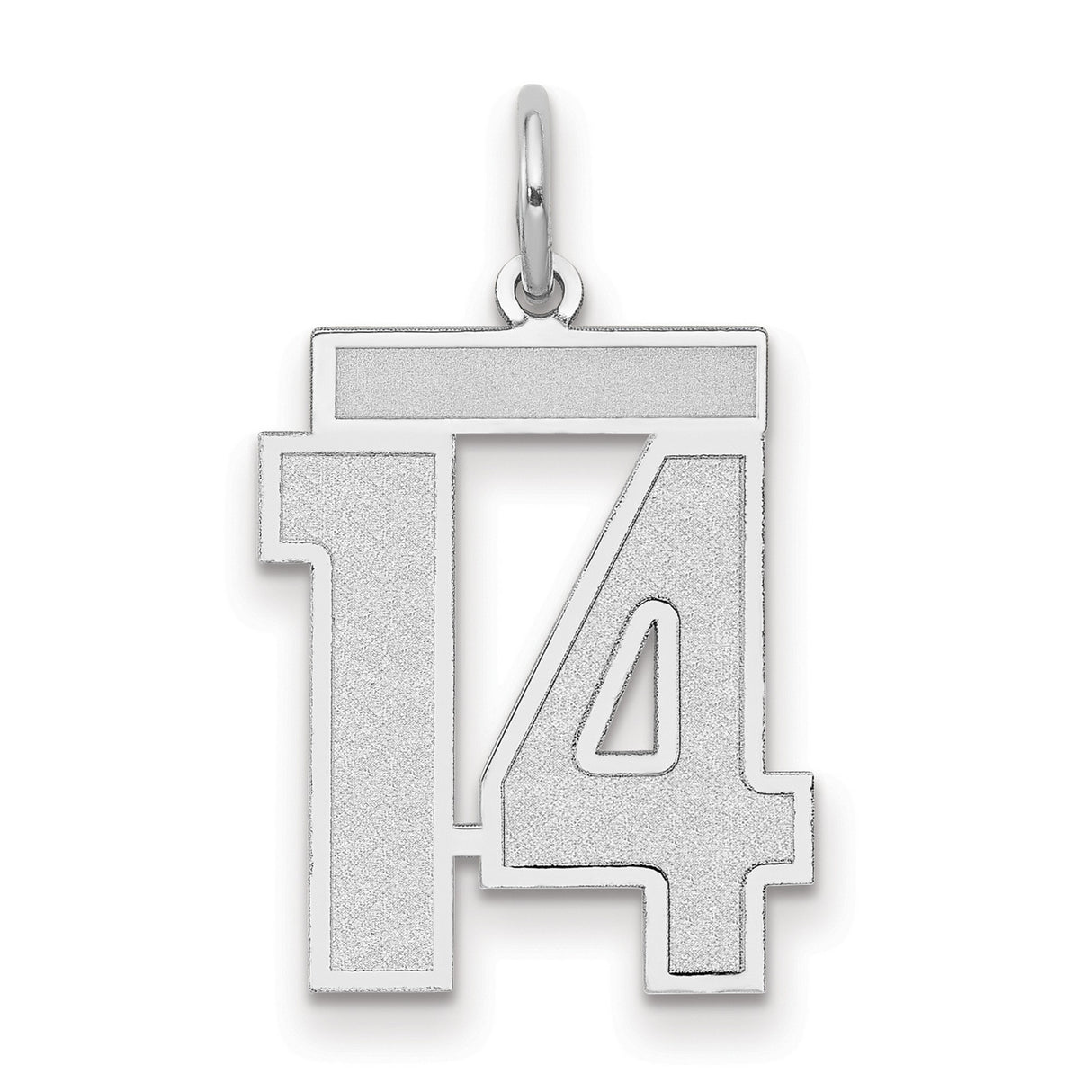 14k White Gold Number 14 Pendant with Brushed Block Design, Sports Jewelry for Men or Women
