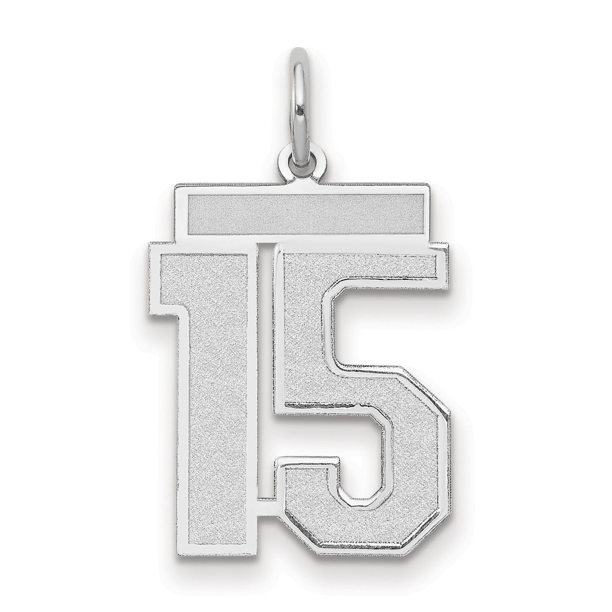 14k White Gold Number 15 Pendant, Satin Finish, Bold Athletic Font Charm