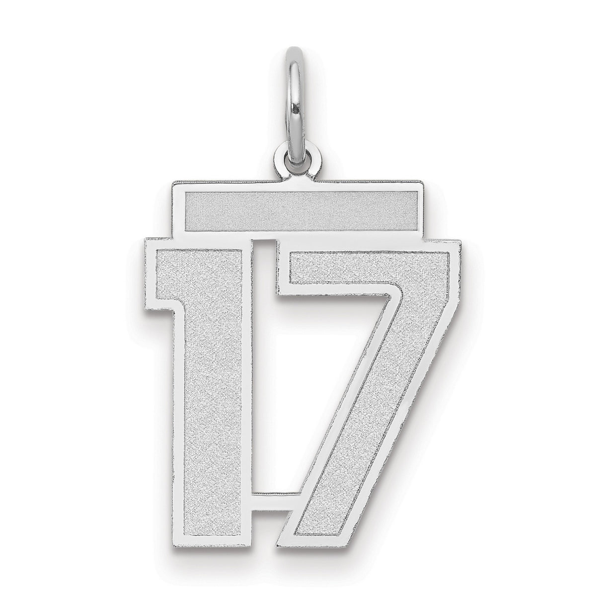 14k White Gold Number 17 Pendant, Polished Finish, Bold Textured Design, Unisex Sports Charm