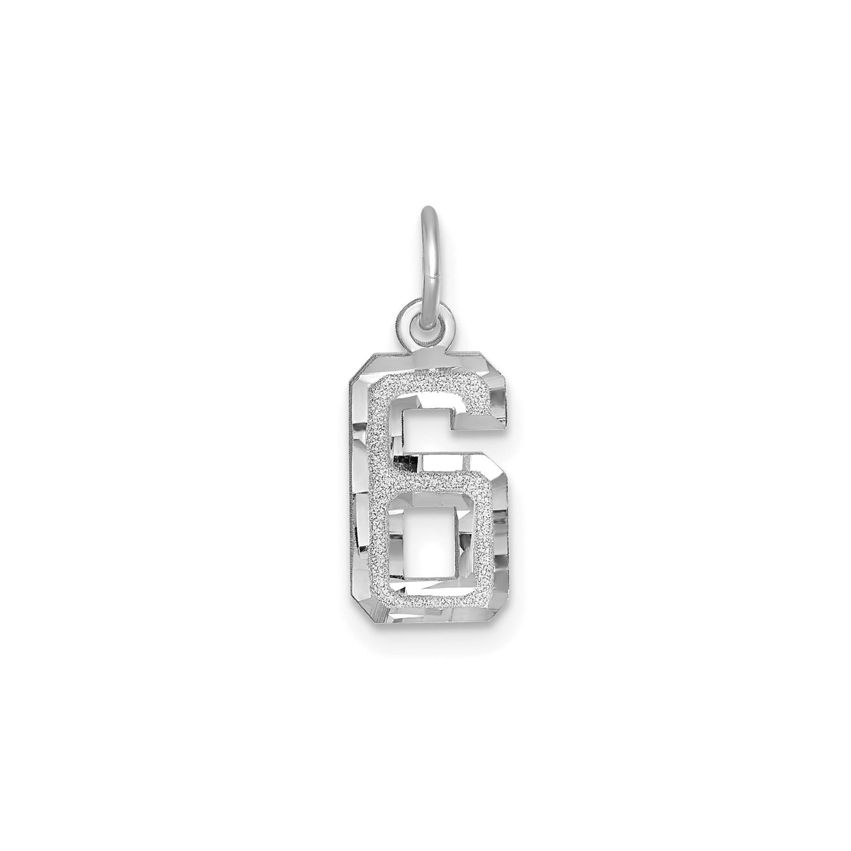 14k White Gold Number 6 Pendant Charm, Textured and Polished Finish, Unisex Numeric Jewelry