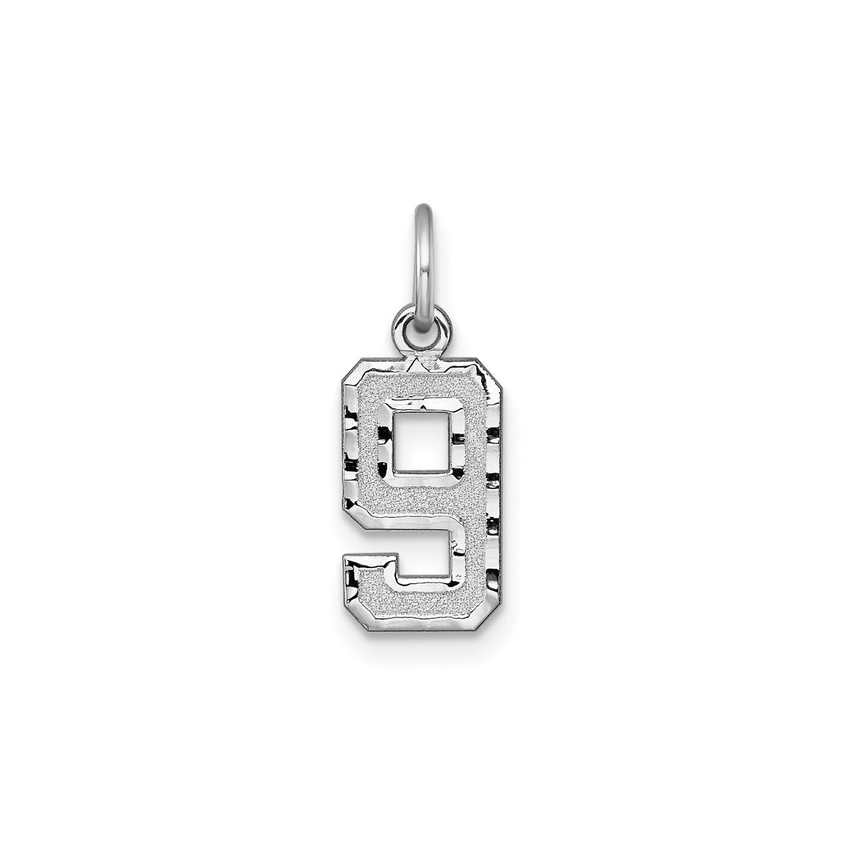 14k White Gold Number 9 Pendant Charm, Block Style Textured Design, Unisex Numeric Jewelry