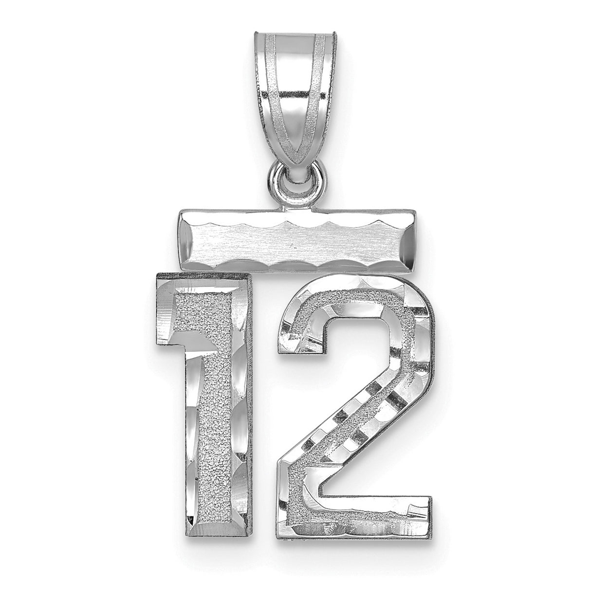 Small Brushed Diamond-cut Number 12 Charm Pendant in Real 14k White Gold