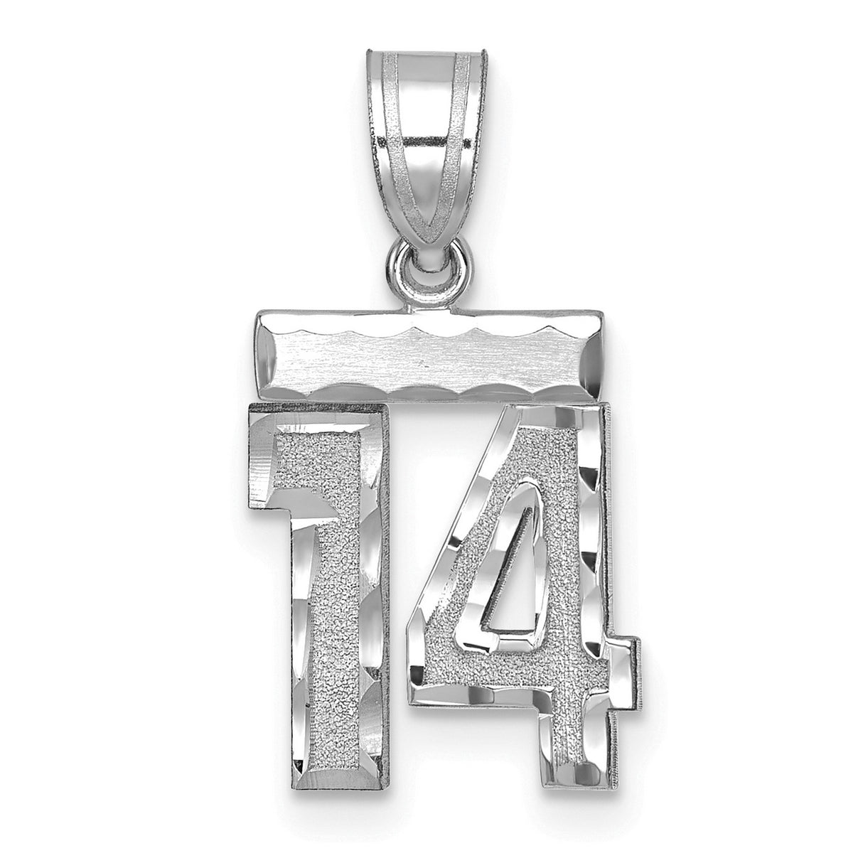 14k White Gold Number 14 Pendant, Textured and Polished Finish, Unisex Sports Charm