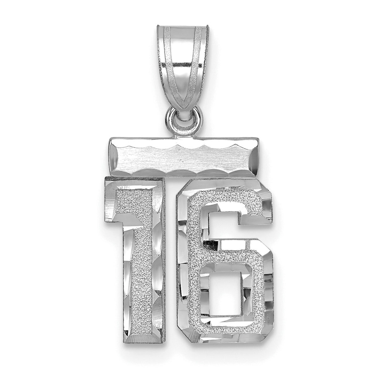 14k White Gold Number 16 Pendant, Polished and Textured Sweet Sixteen Charm for Women or Unisex Wear