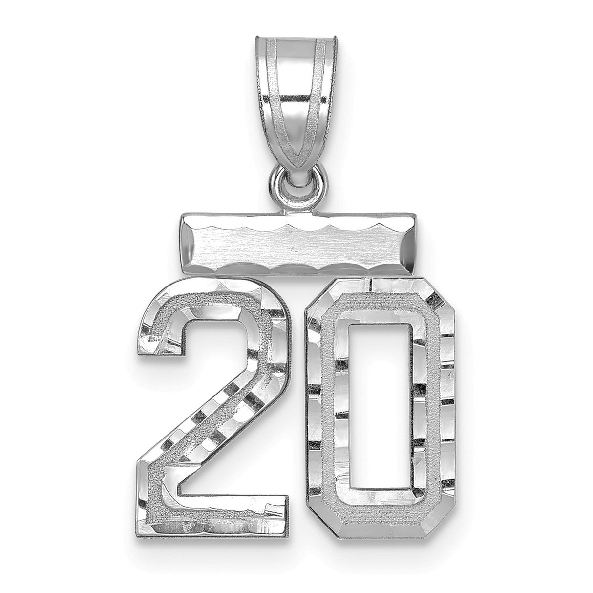 14k White Gold Number 20 Pendant, Polished Textured Milestone Charm for Women or Unisex Wear