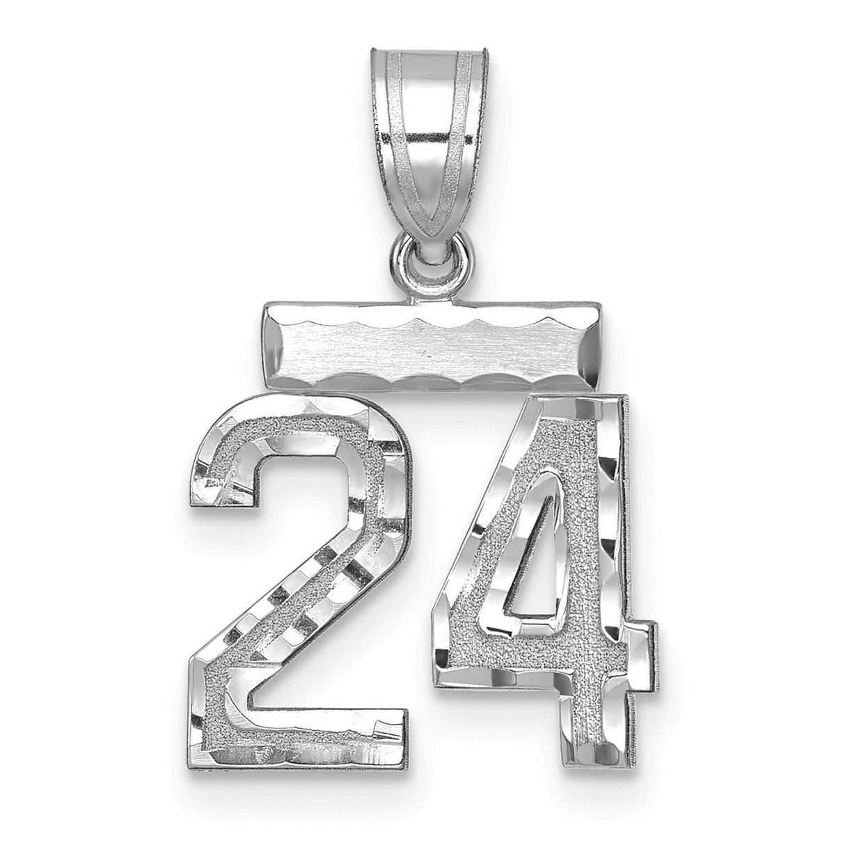 14k White Gold Number 24 Pendant, Polished and Textured Sports Charm for Men or Unisex
