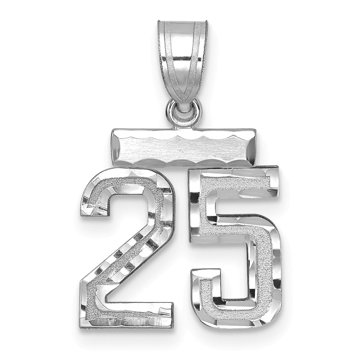 14k White Gold Number 25 Pendant, Textured and Polished Milestone Charm for Women or Unisex Wear