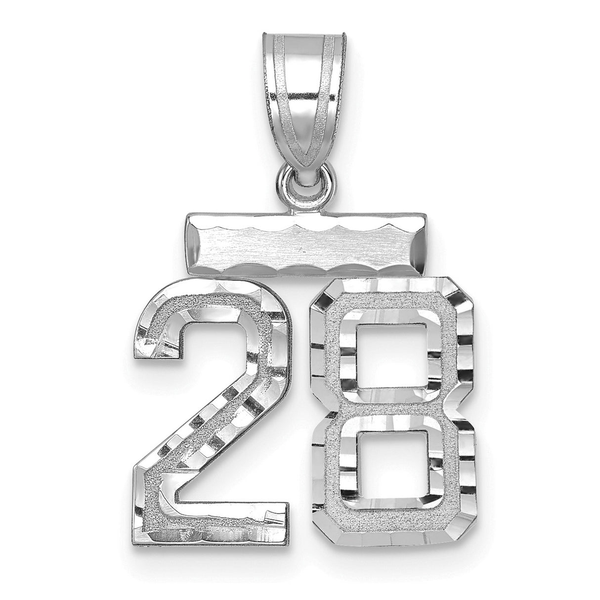 14k White Gold Number 28 Pendant, High Polish Textured Jersey Charm, Unisex Sports Jewelry